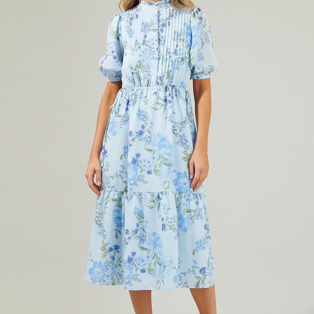 Blue Tiered Ruffled Midi Sundress with Puff Sleeves